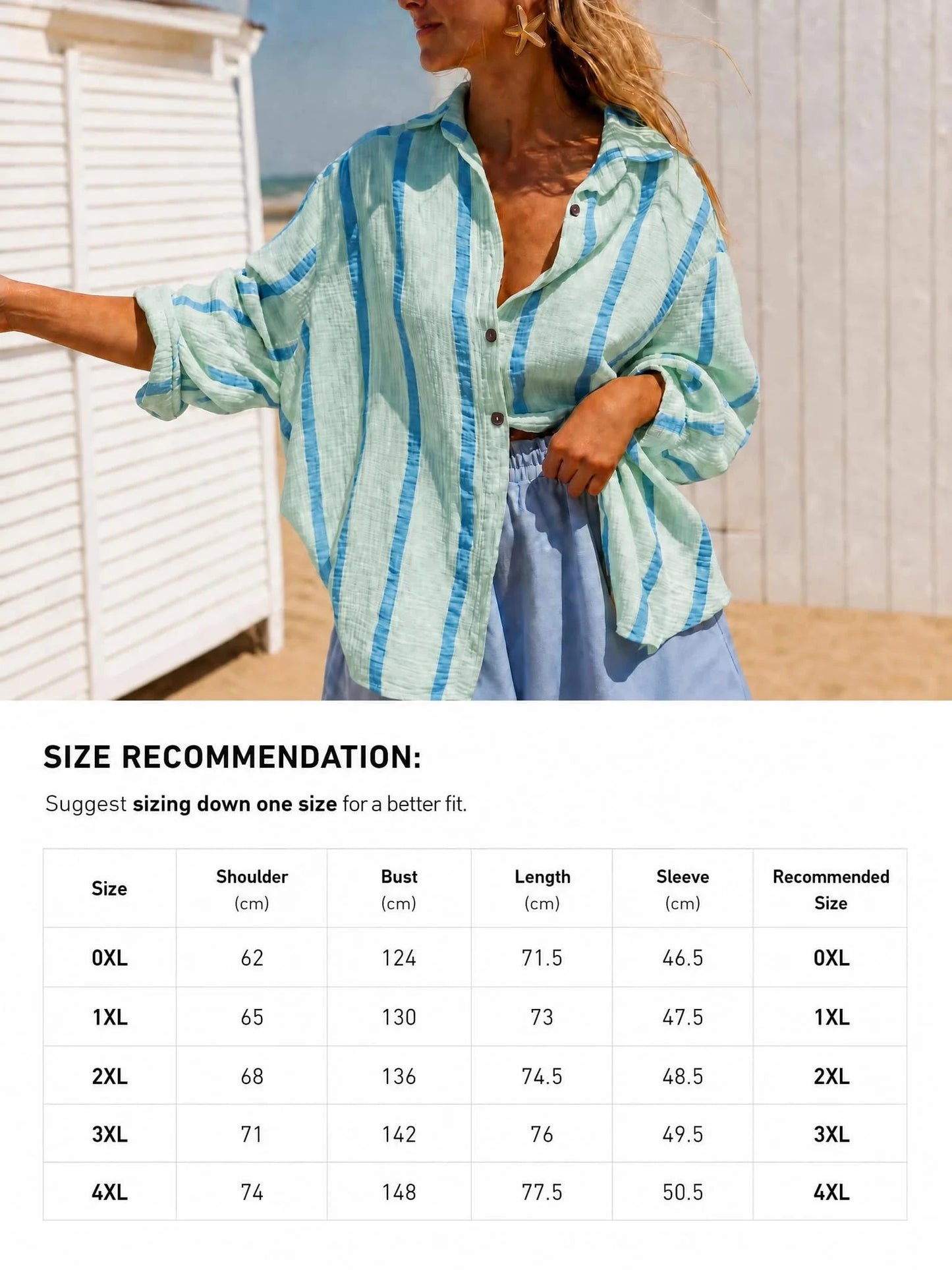 Plus Size Women Green Striped Long Sleeve Casual Shirt, Suitable For Holiday, Beach Party Spring
