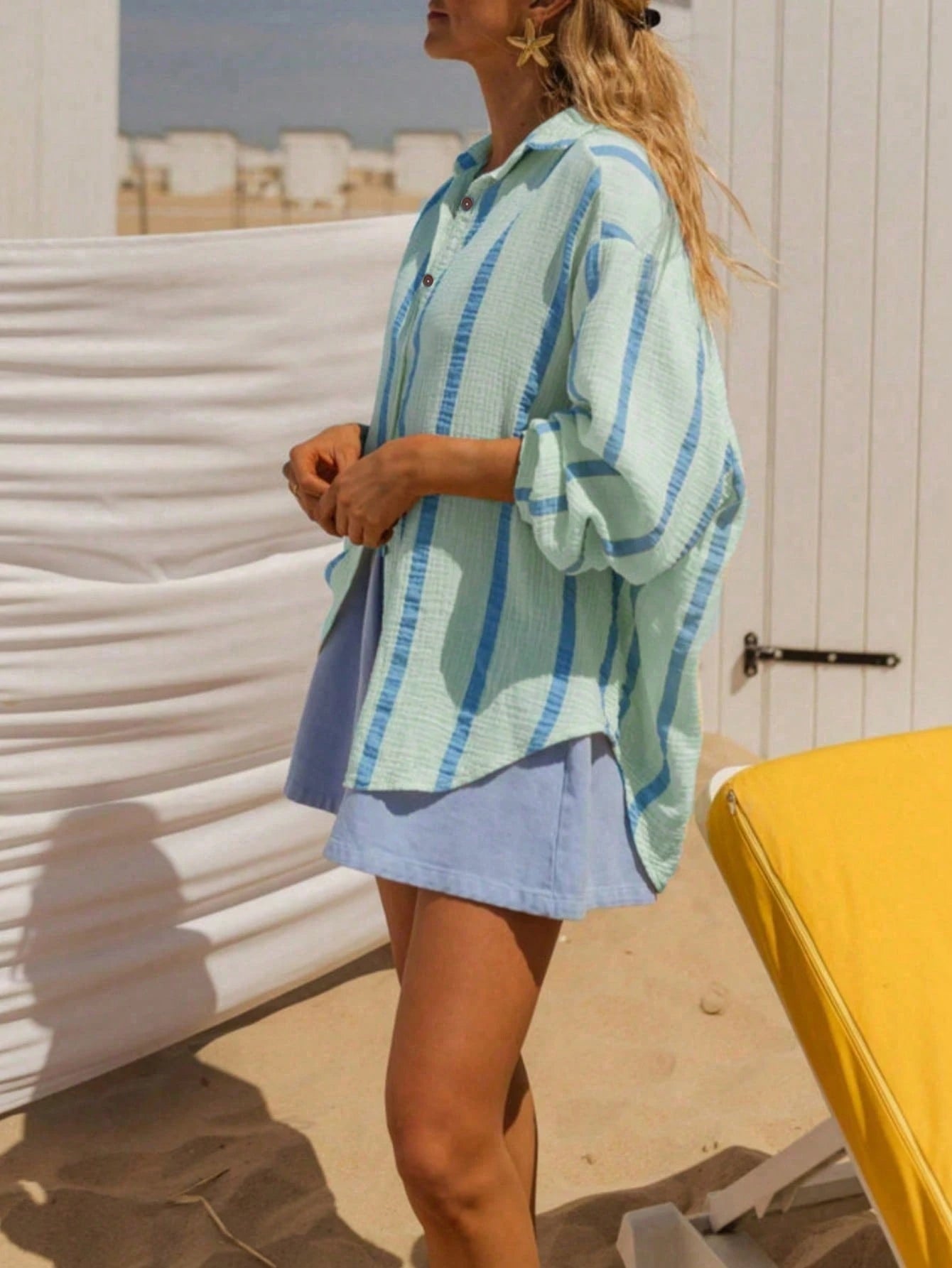 Plus Size Women Green Striped Long Sleeve Casual Shirt, Suitable For Holiday, Beach Party Spring