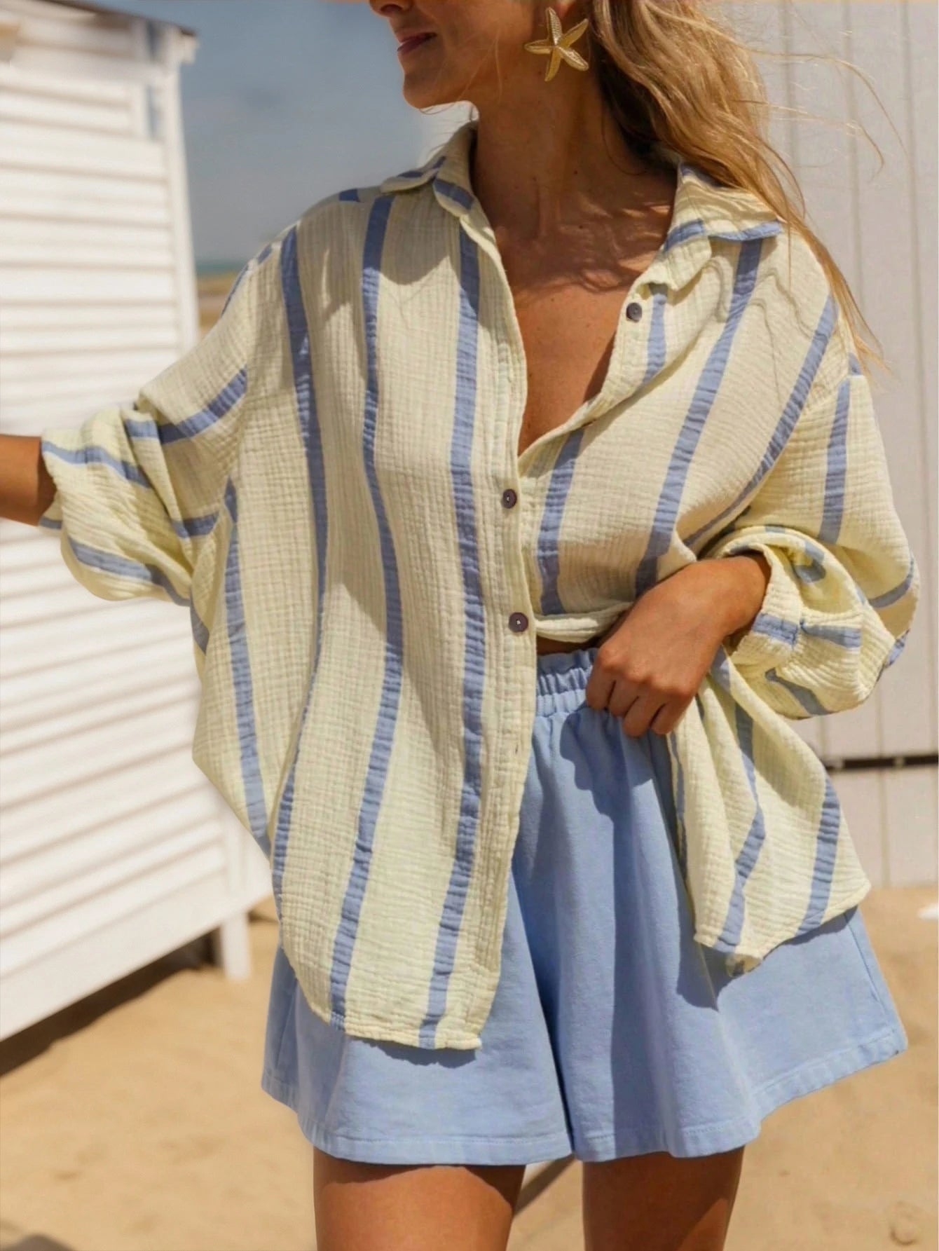 Plus Size Women Green Striped Long Sleeve Casual Shirt, Suitable For Holiday, Beach Party Spring