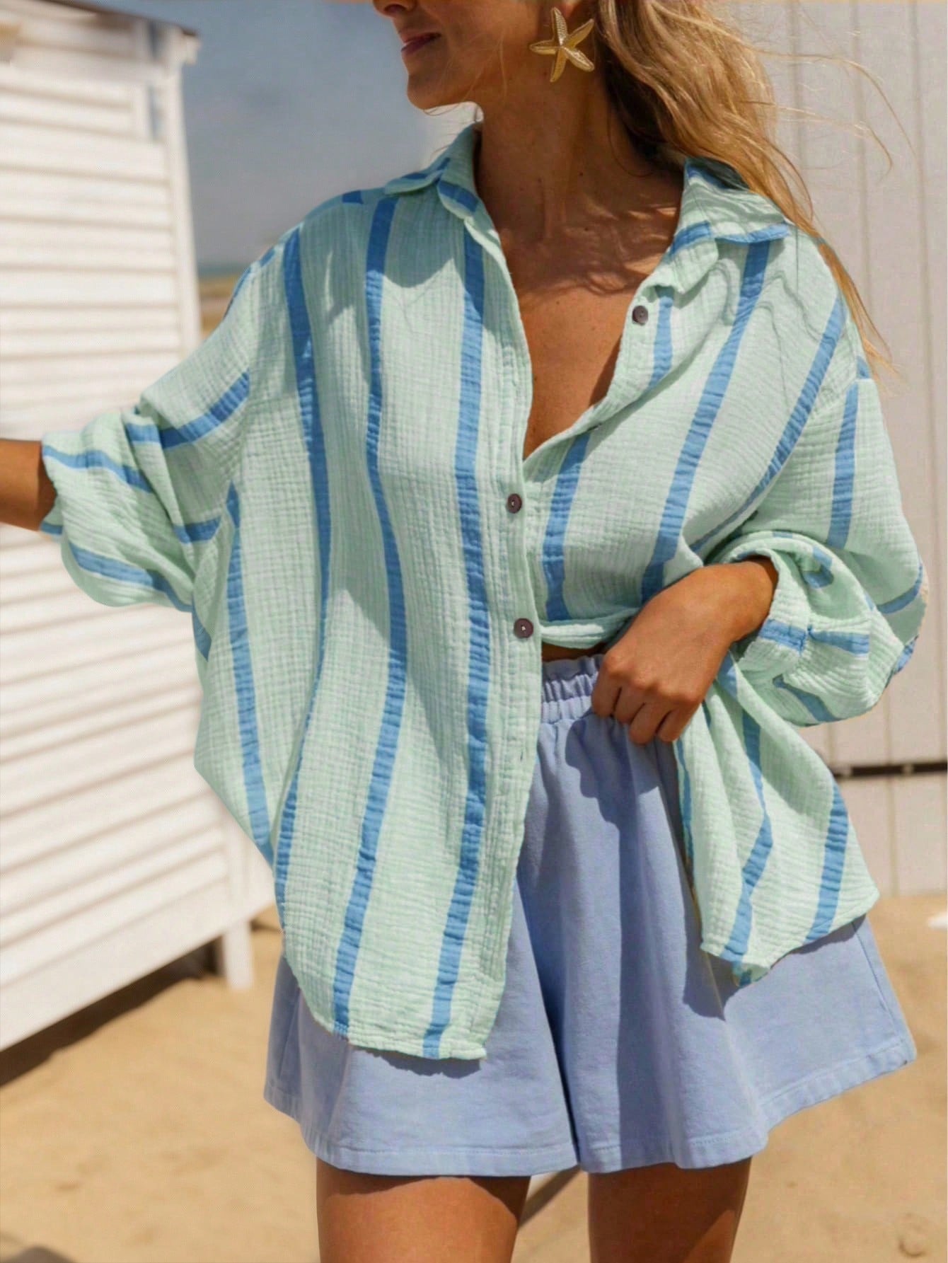 Plus Size Women Green Striped Long Sleeve Casual Shirt, Suitable For Holiday, Beach Party Spring