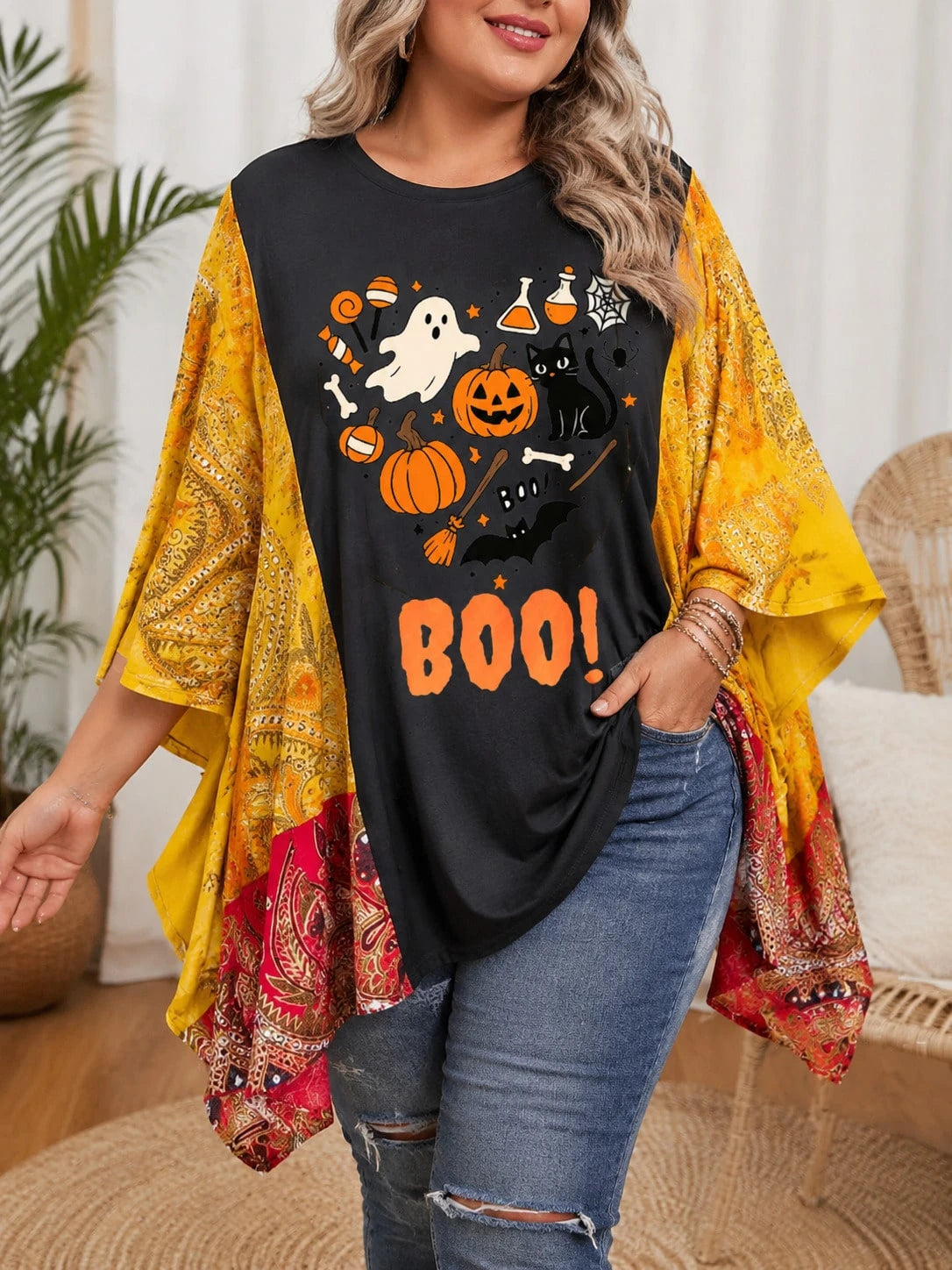 Plus Size Women Halloween Printed Oversized T-Shirt, Ghost Pumpkin Cat Bat Pattern Spliced Paisley V Neck 3/4 Flare Sleeve Loose Summer Casual Top