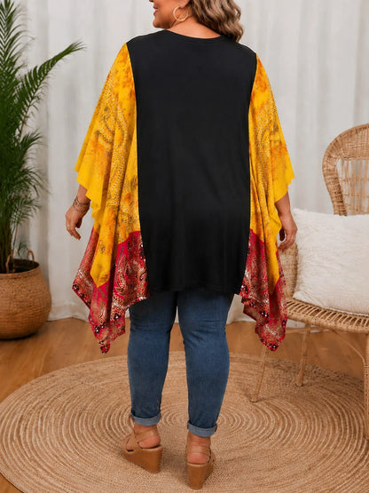 Plus Size Women Halloween Printed Oversized T-Shirt, Ghost Pumpkin Cat Bat Pattern Spliced Paisley V Neck 3/4 Flare Sleeve Loose Summer Casual Top