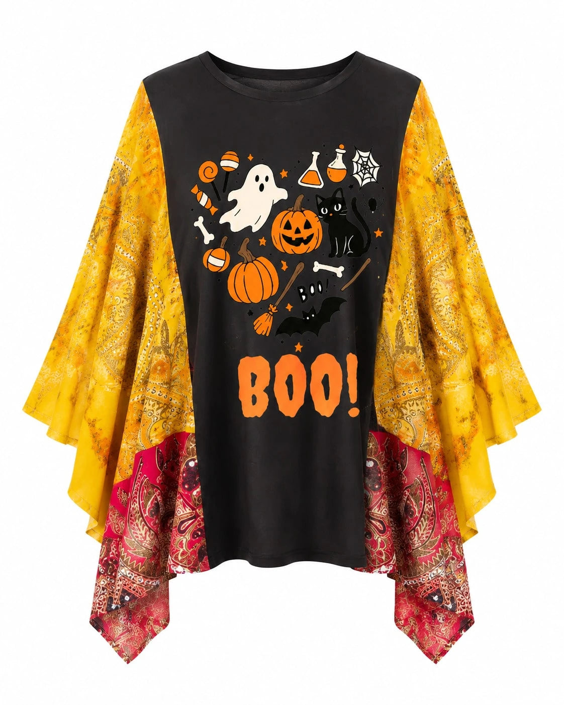 Plus Size Women Halloween Printed Oversized T-Shirt, Ghost Pumpkin Cat Bat Pattern Spliced Paisley V Neck 3/4 Flare Sleeve Loose Summer Casual Top