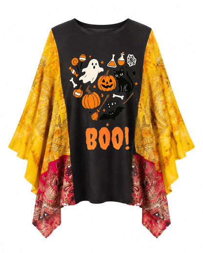 Plus Size Women Halloween Printed Oversized T-Shirt, Ghost Pumpkin Cat Bat Pattern Spliced Paisley V Neck 3/4 Flare Sleeve Loose Summer Casual Top