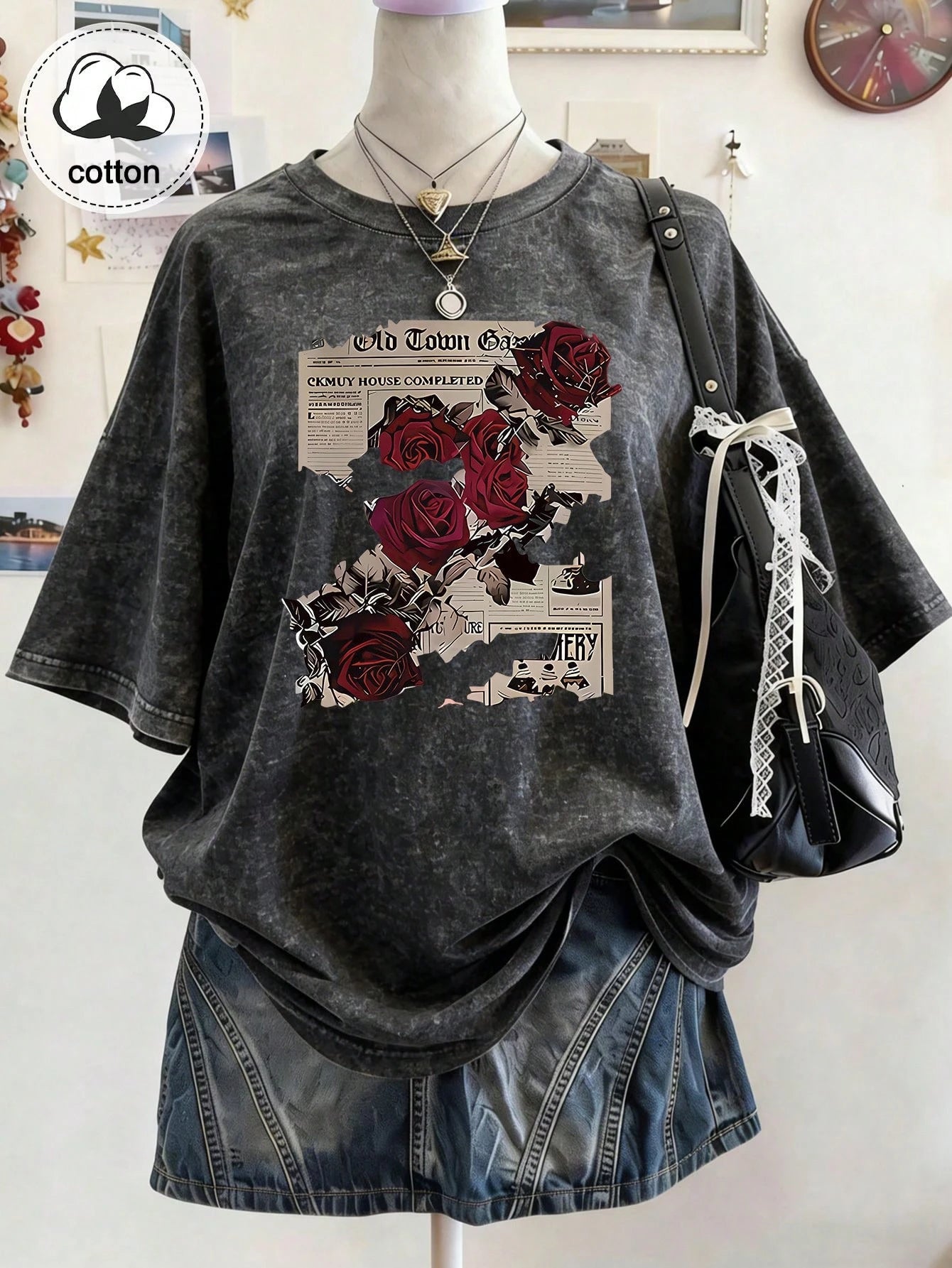 Plus Size Women's Cotton Summer T-Shirt: Fun "Rose Newspaper" Street Style Print- Vintage Style, Versatile, Y2K Style Daily Wear- Black Casual