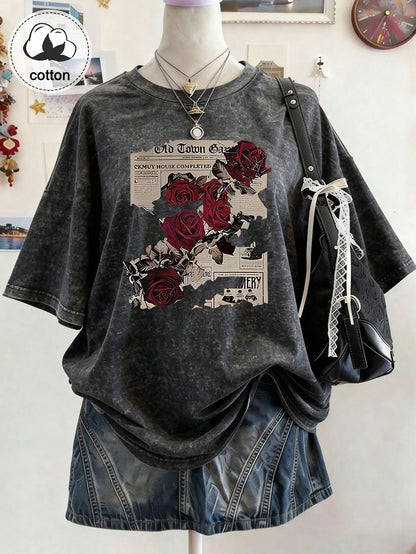 Plus Size Women's Cotton Summer T-Shirt: Fun "Rose Newspaper" Street Style Print- Vintage Style, Versatile, Y2K Style Daily Wear- Black Casual