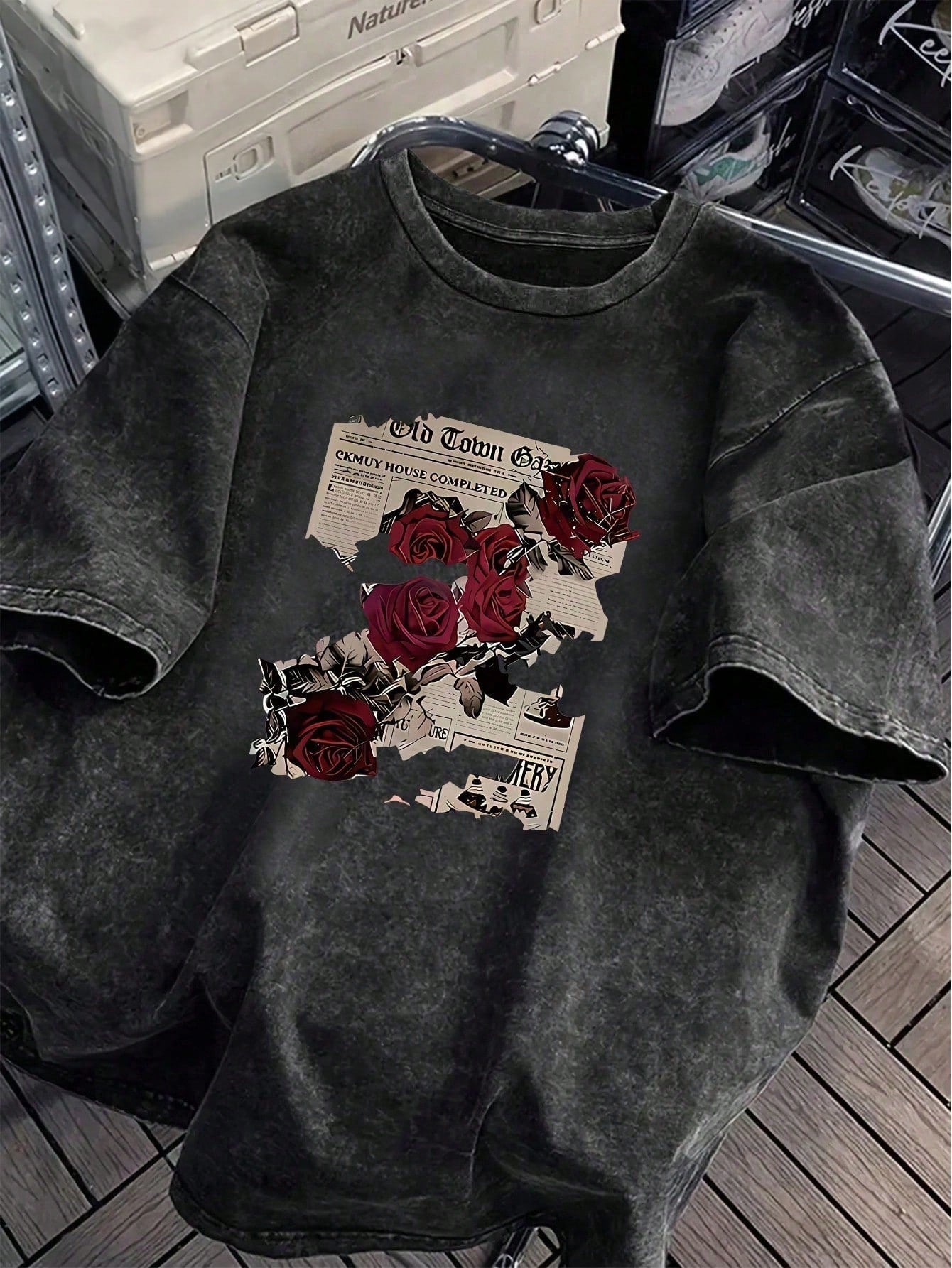 Plus Size Women's Cotton Summer T-Shirt: Fun "Rose Newspaper" Street Style Print- Vintage Style, Versatile, Y2K Style Daily Wear- Black Casual