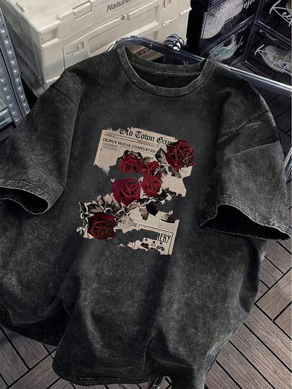 Plus Size Women's Cotton Summer T-Shirt: Fun "Rose Newspaper" Street Style Print- Vintage Style, Versatile, Y2K Style Daily Wear- Black Casual
