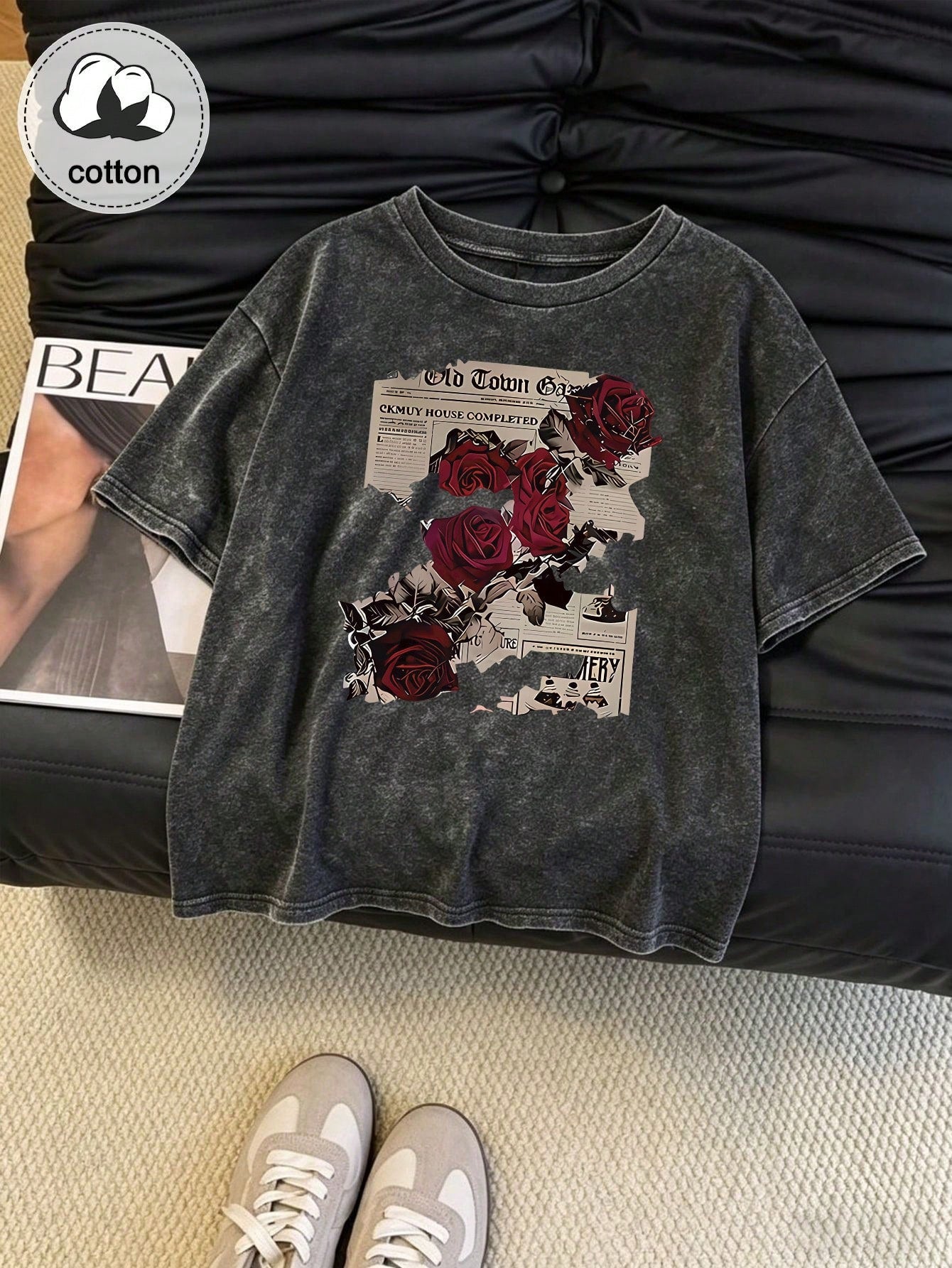 Plus Size Women's Cotton Summer T-Shirt: Fun "Rose Newspaper" Street Style Print- Vintage Style, Versatile, Y2K Style Daily Wear- Black Casual