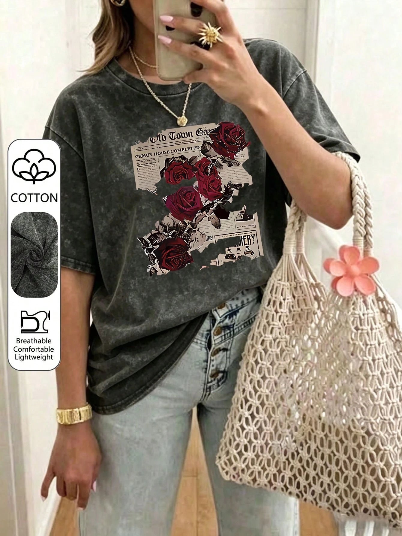 Plus Size Women's Cotton Summer T-Shirt: Fun "Rose Newspaper" Street Style Print- Vintage Style, Versatile, Y2K Style Daily Wear- Black Casual