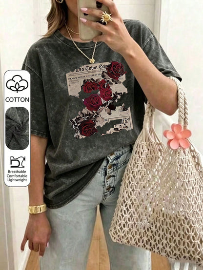 Plus Size Women's Cotton Summer T-Shirt: Fun "Rose Newspaper" Street Style Print- Vintage Style, Versatile, Y2K Style Daily Wear- Black Casual