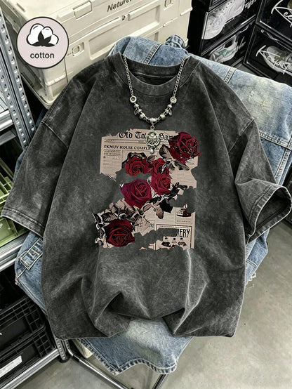 Plus Size Women's Cotton Summer T-Shirt: Fun "Rose Newspaper" Street Style Print- Vintage Style, Versatile, Y2K Style Daily Wear- Black Casual