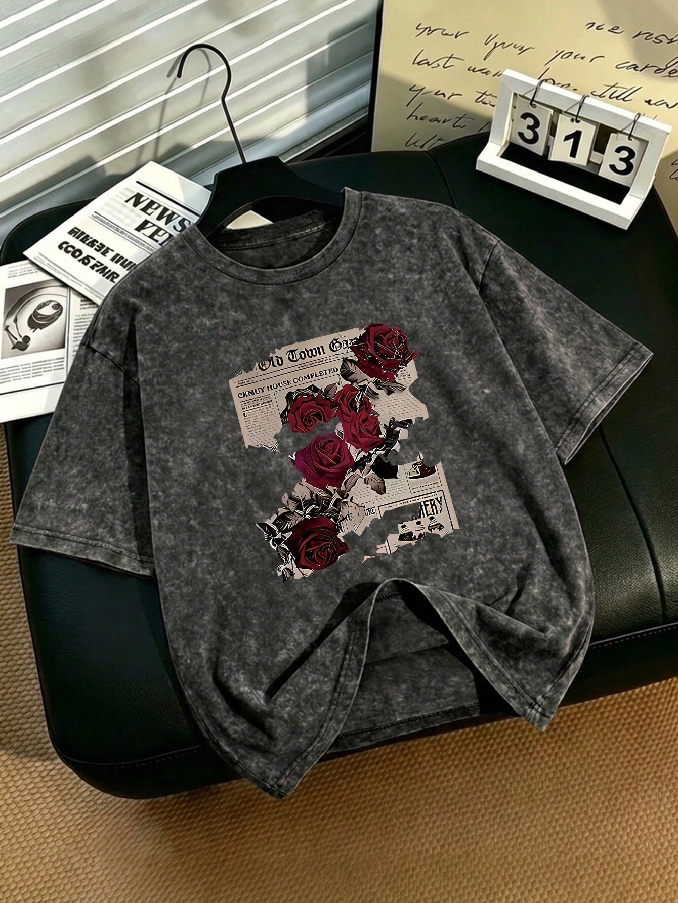 Plus Size Women's Cotton Summer T-Shirt: Fun "Rose Newspaper" Street Style Print- Vintage Style, Versatile, Y2K Style Daily Wear- Black Casual