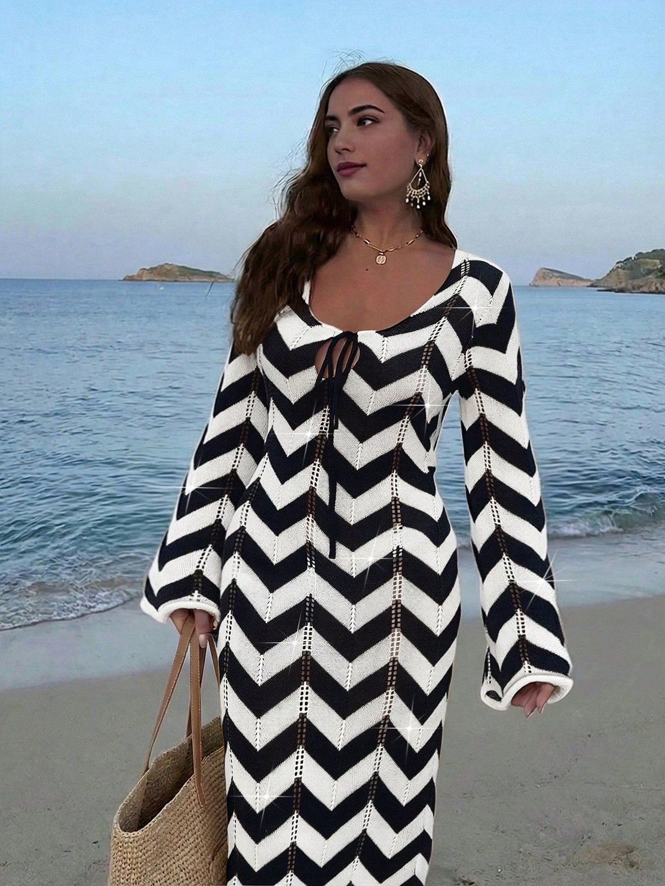 Plus Size Women's Fashionable Elegant Simple Knit Coverup Dress, Suitable For Vacation, Holiday, Elegant Party, Beach, Summer