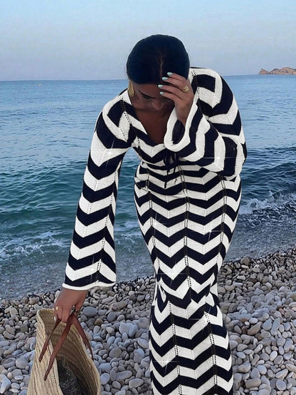 Plus Size Women's Fashionable Elegant Simple Knit Coverup Dress, Suitable For Vacation, Holiday, Elegant Party, Beach, Summer