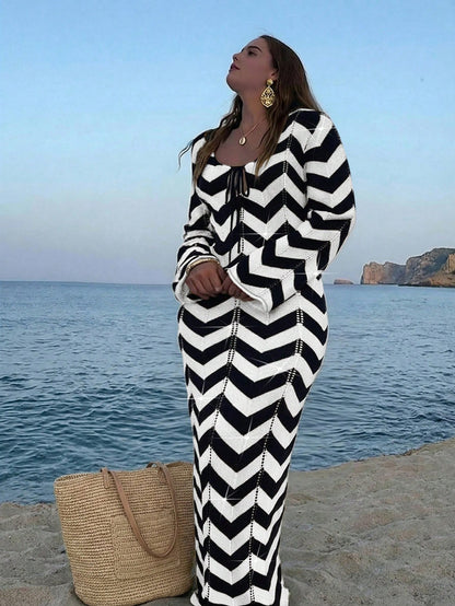 Plus Size Women's Fashionable Elegant Simple Knit Coverup Dress, Suitable For Vacation, Holiday, Elegant Party, Beach, Summer