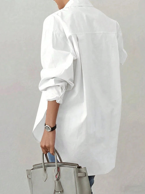Plus Size Women's Long Sleeve Loose Casual Shirt, Solid Color Front Button Pocket, Suitable For Office, Daily Wear, Travel, Spring/Summer White