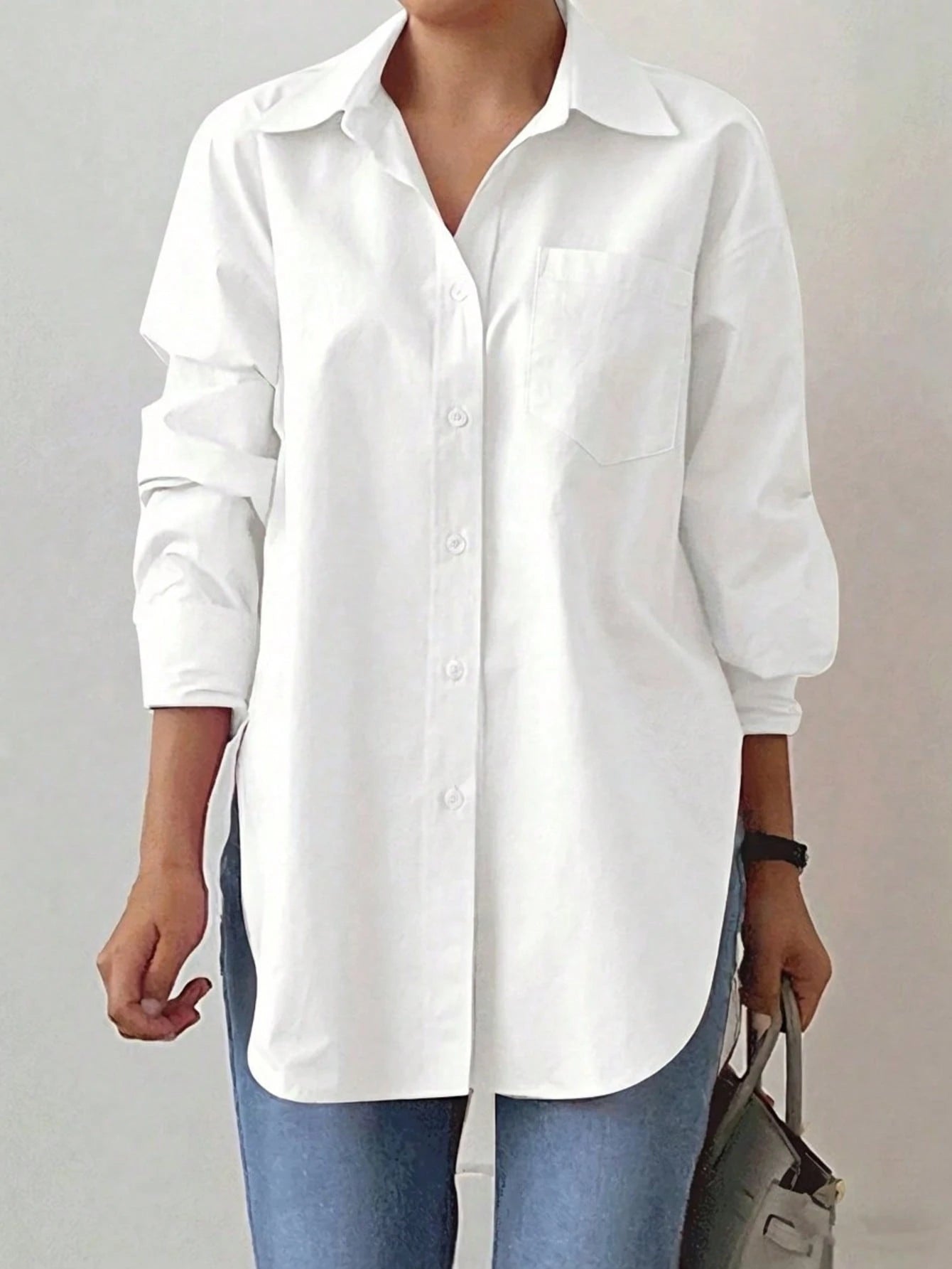Plus Size Women's Long Sleeve Loose Casual Shirt, Solid Color Front Button Pocket, Suitable For Office, Daily Wear, Travel, Spring/Summer White