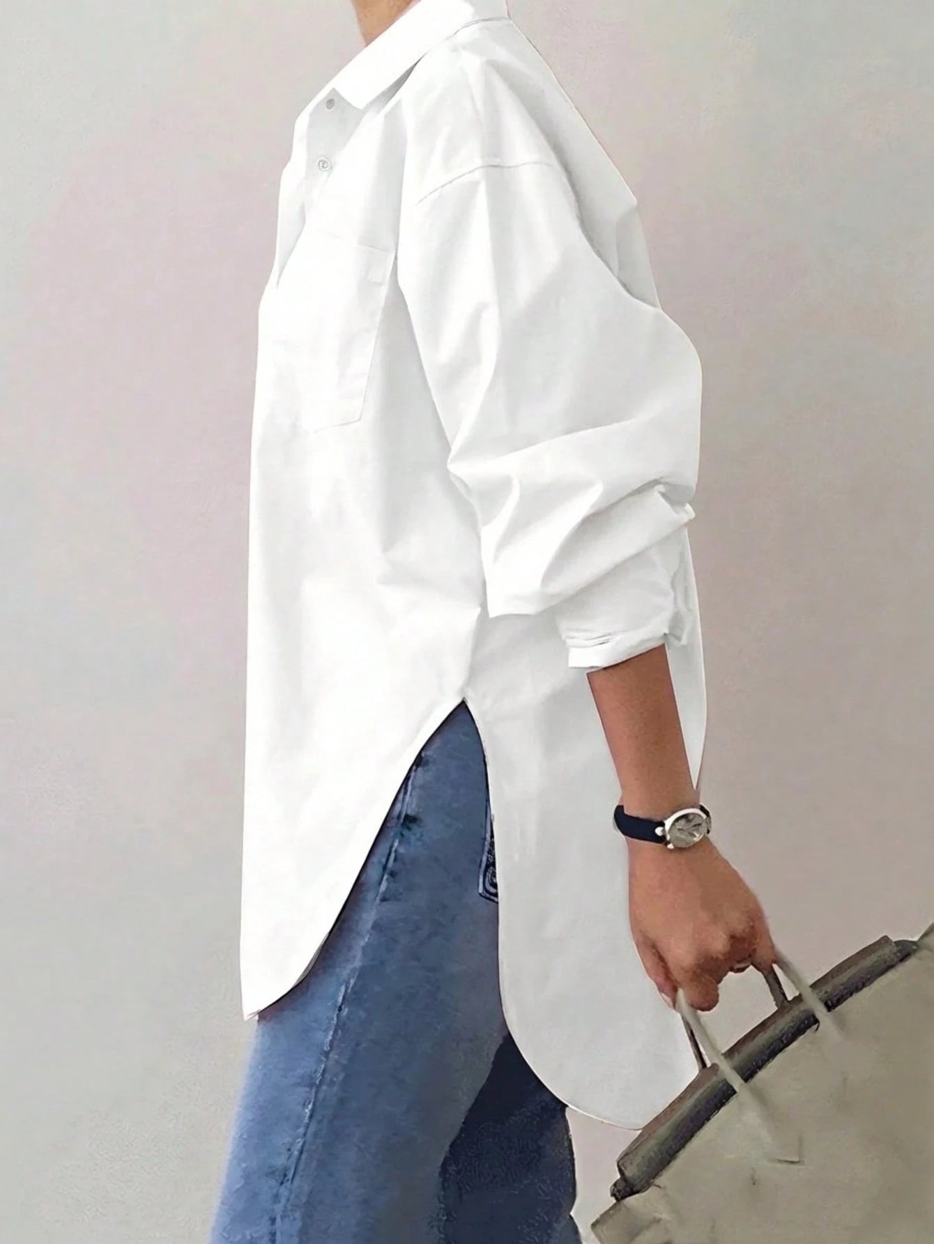 Plus Size Women's Long Sleeve Loose Casual Shirt, Solid Color Front Button Pocket, Suitable For Office, Daily Wear, Travel, Spring/Summer White