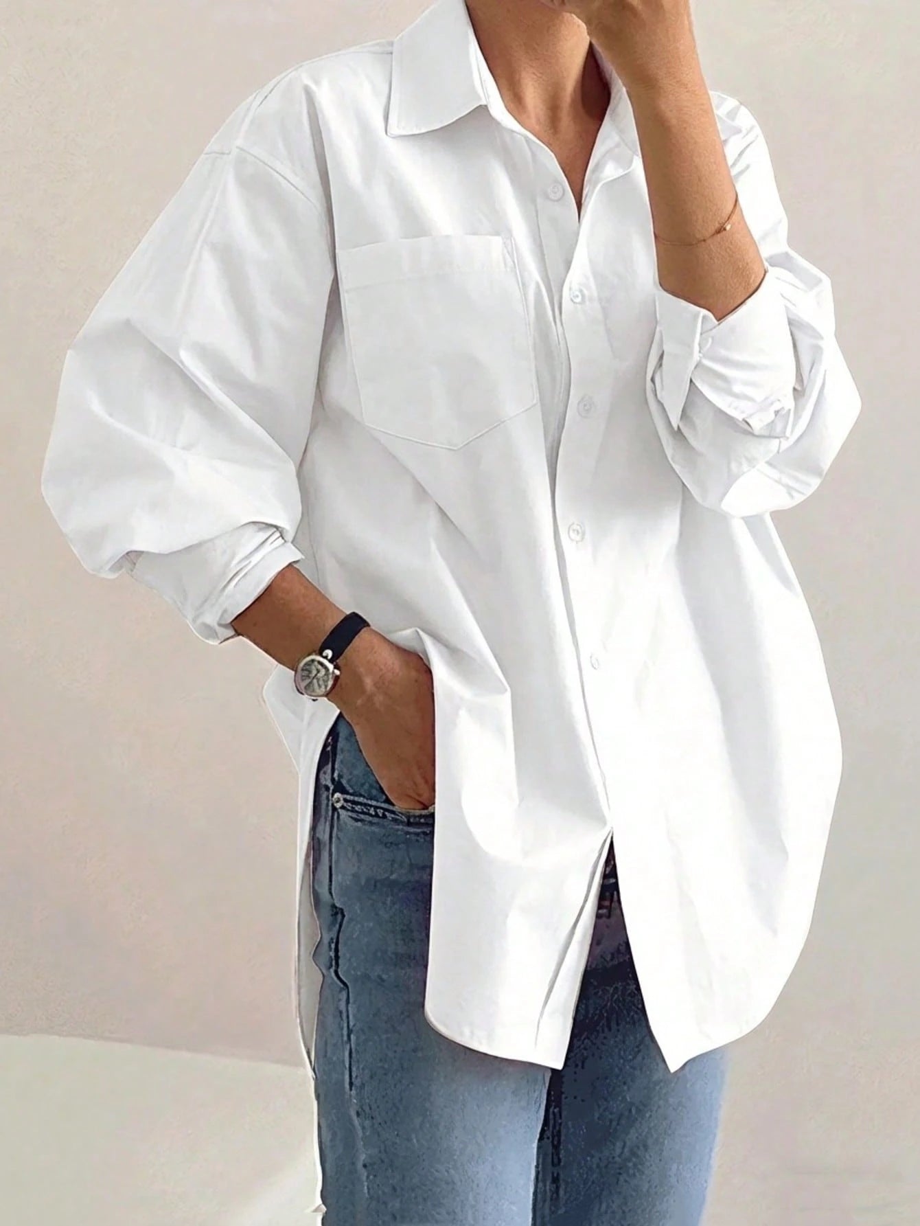 Plus Size Women's Long Sleeve Loose Casual Shirt, Solid Color Front Button Pocket, Suitable For Office, Daily Wear, Travel, Spring/Summer White