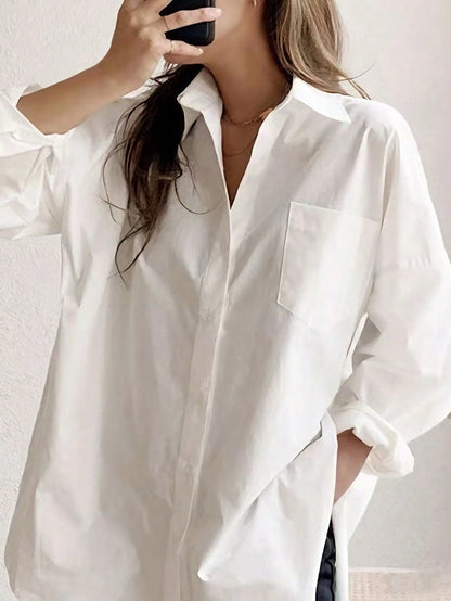 Plus Size Women's Long Sleeve Loose Casual Shirt, Solid Color Front Button Pocket, Suitable For Office, Daily Wear, Travel, Spring/Summer White