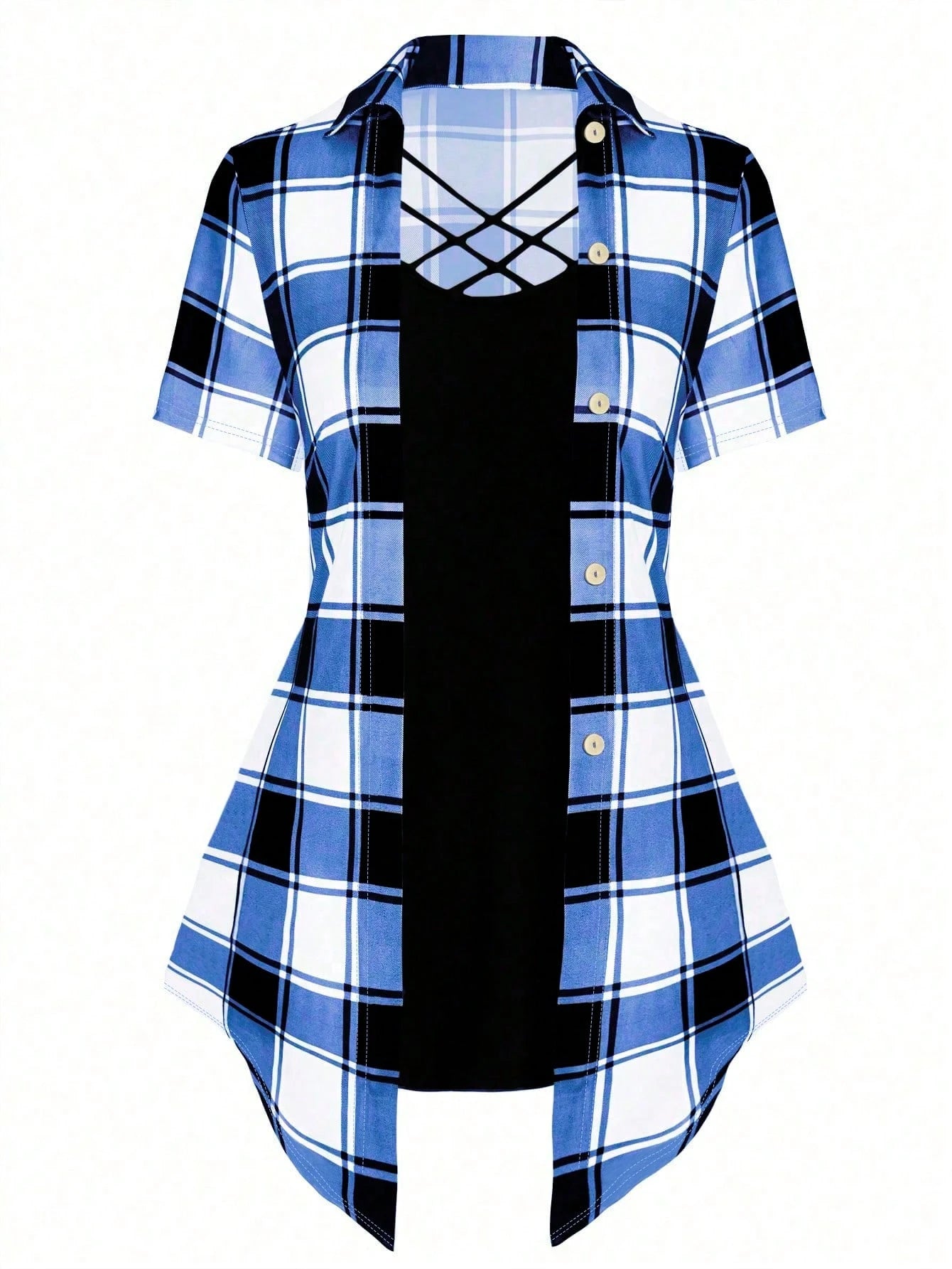 Plus Size Women's Plaid Printed Criss-Cross Neck Long T-Shirt For Summer Graphic Tees Women Tops