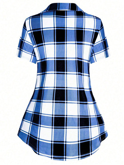 Plus Size Women's Plaid Printed Criss-Cross Neck Long T-Shirt For Summer Graphic Tees Women Tops