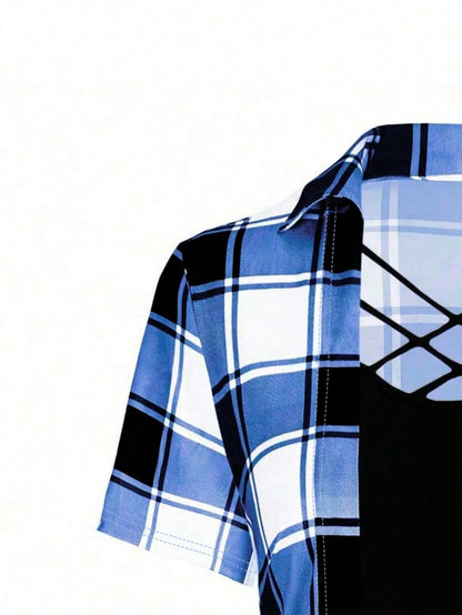 Plus Size Women's Plaid Printed Criss-Cross Neck Long T-Shirt For Summer Graphic Tees Women Tops
