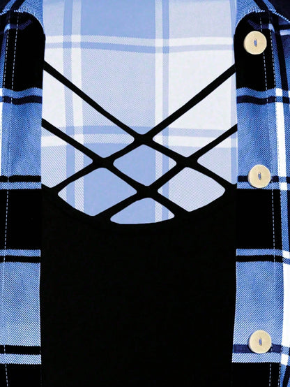 Plus Size Women's Plaid Printed Criss-Cross Neck Long T-Shirt For Summer Graphic Tees Women Tops