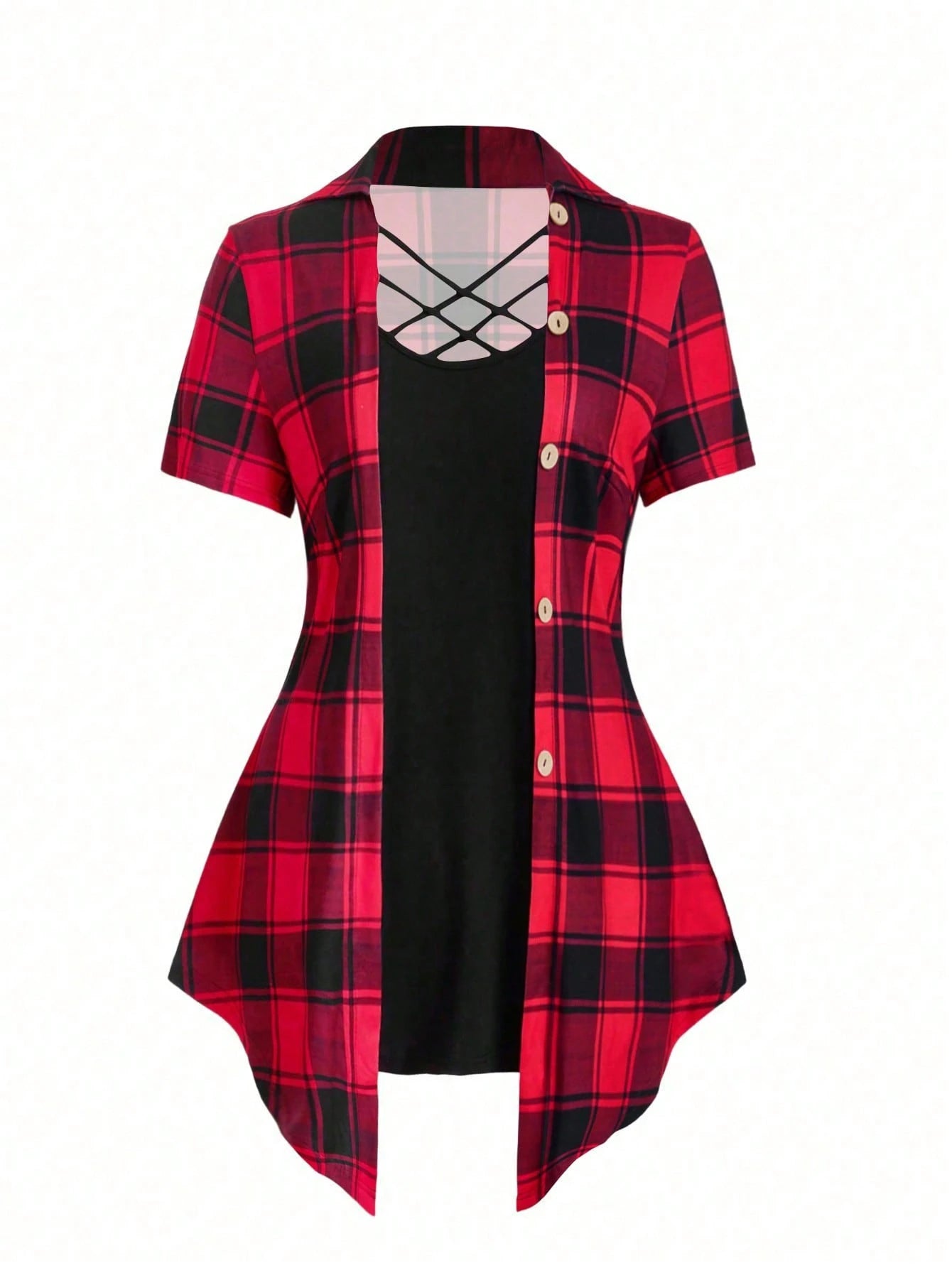 Plus Size Women's Plaid Printed Criss-Cross Neck Long T-Shirt For Summer Graphic Tees Women Tops