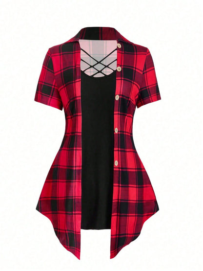 Plus Size Women's Plaid Printed Criss-Cross Neck Long T-Shirt For Summer Graphic Tees Women Tops