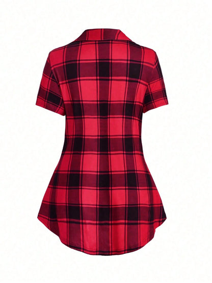 Plus Size Women's Plaid Printed Criss-Cross Neck Long T-Shirt For Summer Graphic Tees Women Tops