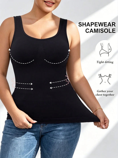 Plus Size Women's Seamless Sleeveless Black Camisole, Knit Tank Top, High Density & Stretchy Fabric, Comfortable For Sports, Yoga, Workout, Running, Machine Washable & Dry Clean Summer