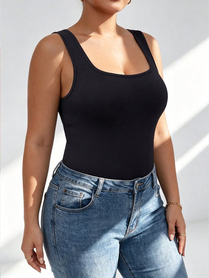 Plus Size Women's Seamless Sleeveless Black Camisole, Knit Tank Top, High Density & Stretchy Fabric, Comfortable For Sports, Yoga, Workout, Running, Machine Washable & Dry Clean Summer