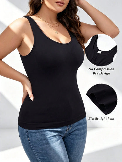 Plus Size Women's Seamless Sleeveless Black Camisole, Knit Tank Top, High Density & Stretchy Fabric, Comfortable For Sports, Yoga, Workout, Running, Machine Washable & Dry Clean Summer