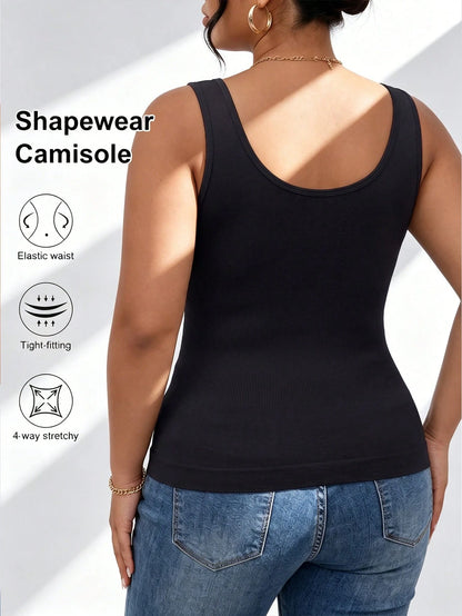 Plus Size Women's Seamless Sleeveless Black Camisole, Knit Tank Top, High Density & Stretchy Fabric, Comfortable For Sports, Yoga, Workout, Running, Machine Washable & Dry Clean Summer