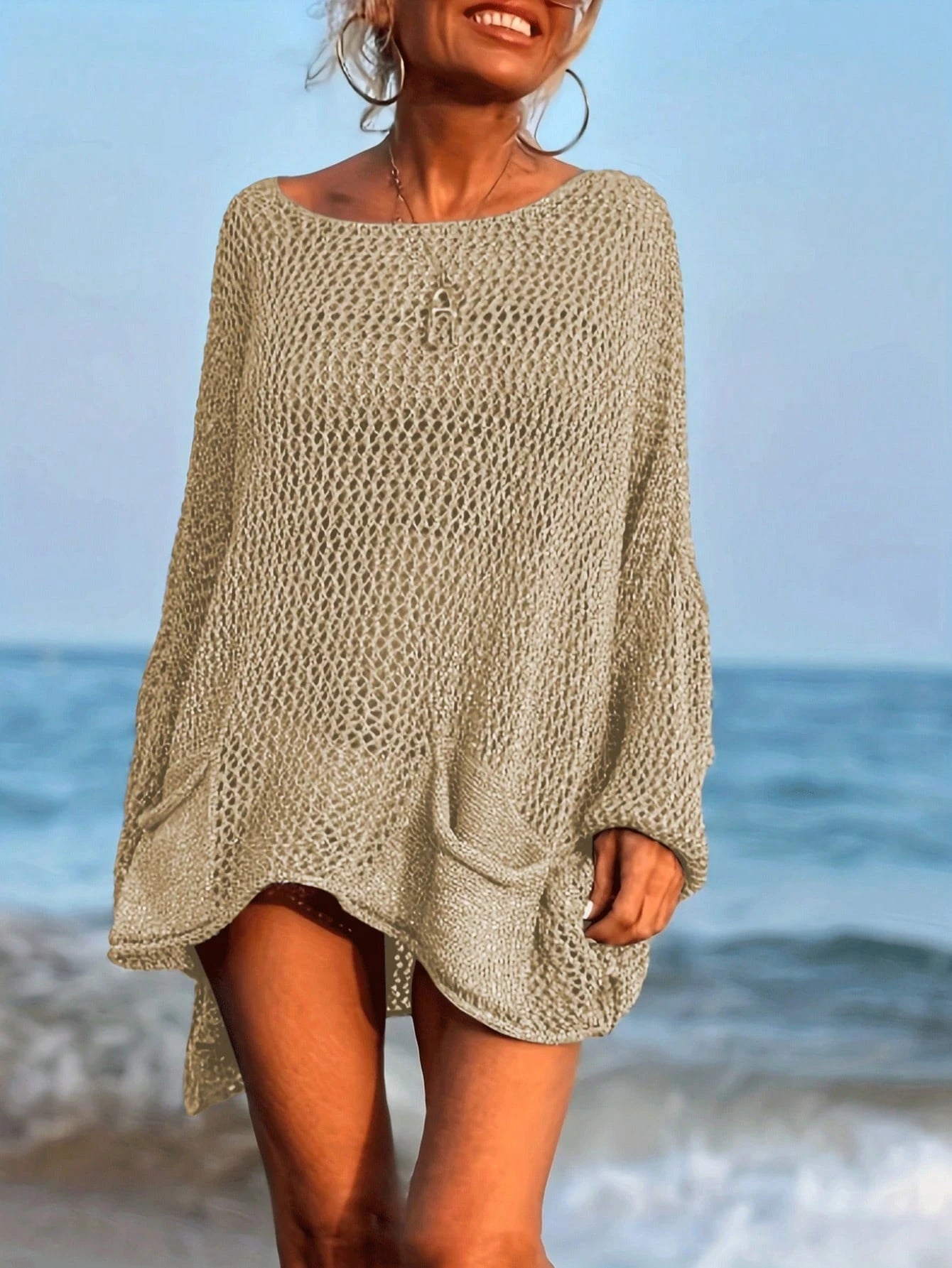 Plus Size Women's Sexy Hollow Out Loose Beach Cover Up, Long Sleeve Round Neck With Pockets Vacation Summer