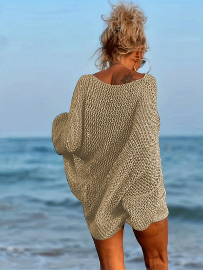 Plus Size Women's Sexy Hollow Out Loose Beach Cover Up, Long Sleeve Round Neck With Pockets Vacation Summer