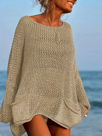Plus Size Women's Sexy Hollow Out Loose Beach Cover Up, Long Sleeve Round Neck With Pockets Vacation Summer
