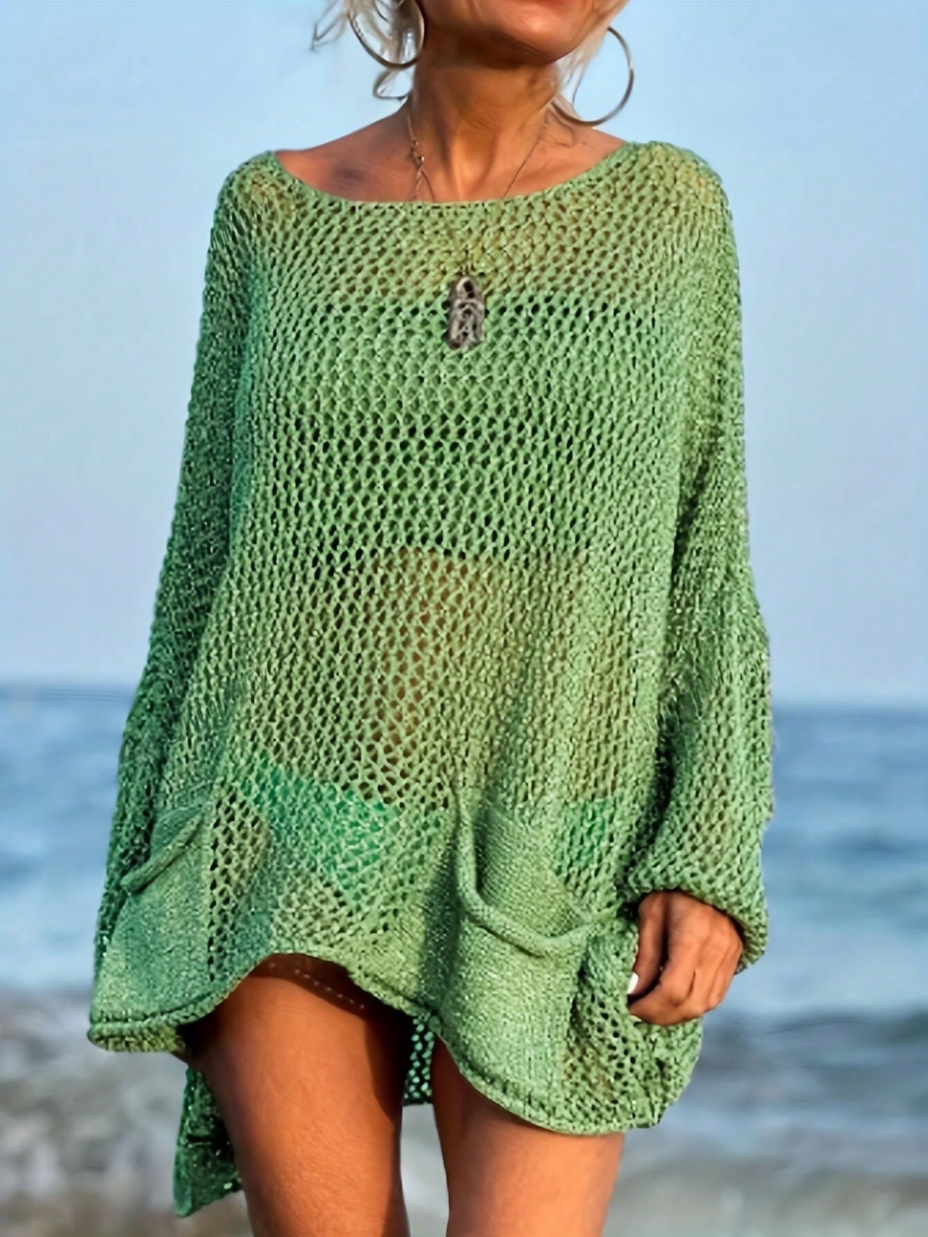 Plus Size Women's Sexy Hollow Out Loose Beach Cover Up, Long Sleeve Round Neck With Pockets Vacation Summer