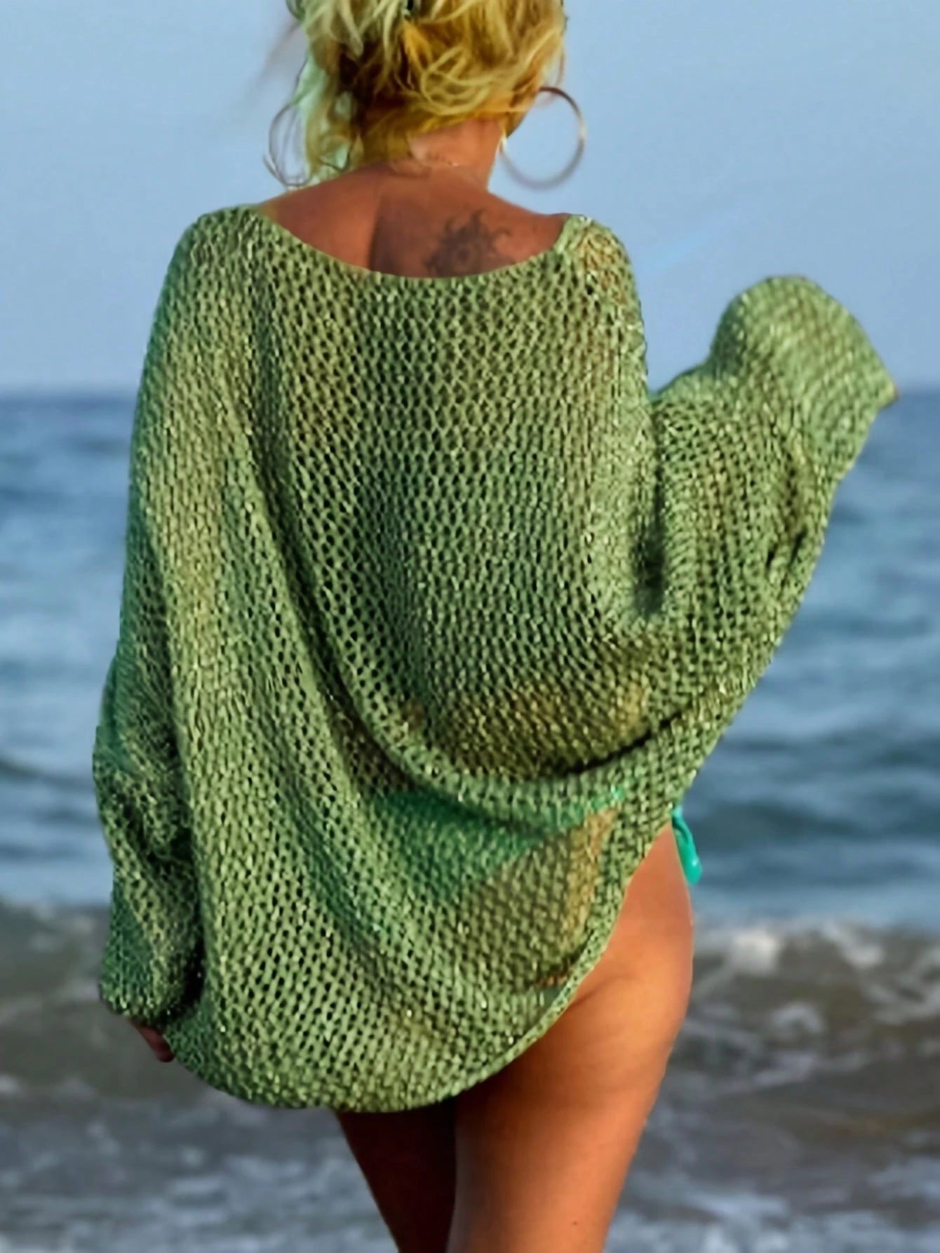 Plus Size Women's Sexy Hollow Out Loose Beach Cover Up, Long Sleeve Round Neck With Pockets Vacation Summer