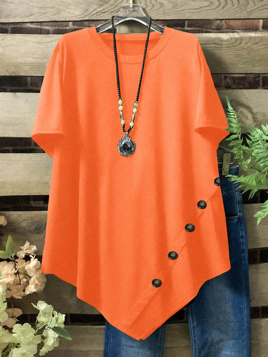 Plus Size Women's Solid Color Round Neck Short Sleeve Button Design Casual T-Shirt