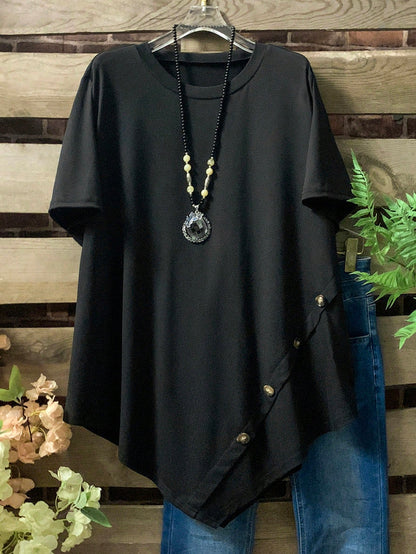 Plus Size Women's Solid Color Round Neck Short Sleeve Button Design Casual T-Shirt