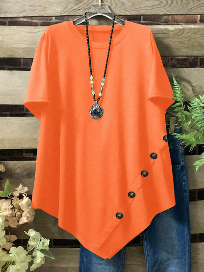 Plus Size Women's Solid Color Round Neck Short Sleeve Button Design Casual T-Shirt
