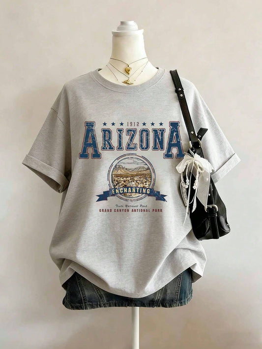 Plus Size Women's Street Fashion Arizona Theme Graphic Print Crew Neck Short Sleeve T-Shirt Casual Summer