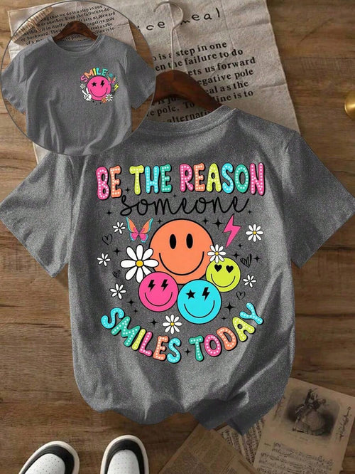 Plus Size Women Slogan & Smiling Face Print Short Sleeve Casual Round Neck T-Shirt, Summer--Round Neck Loose Breathable Short Sleeve