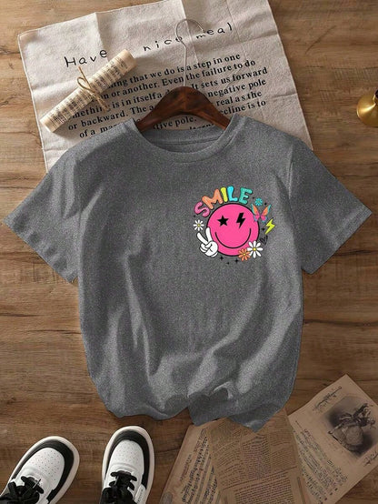 Plus Size Women Slogan & Smiling Face Print Short Sleeve Casual Round Neck T-Shirt, Summer--Round Neck Loose Breathable Short Sleeve
