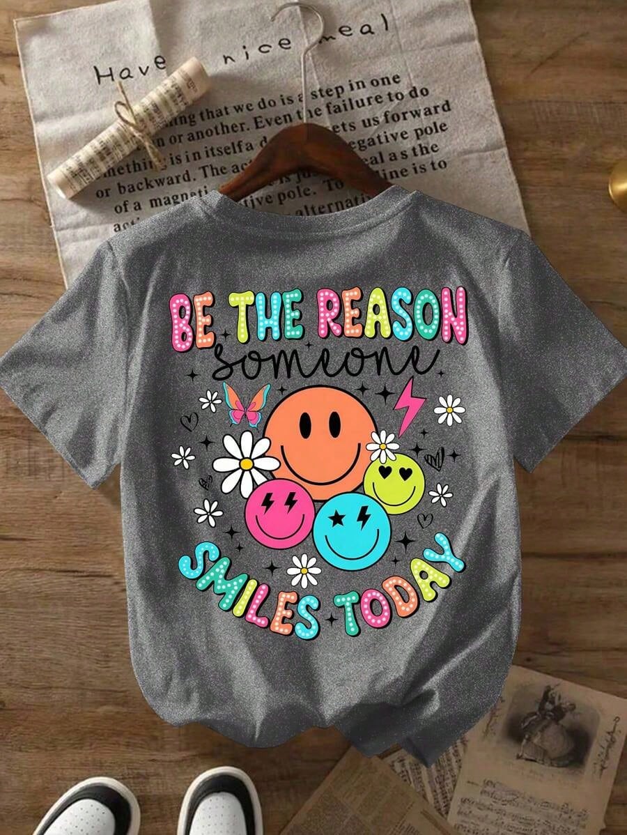 Plus Size Women Slogan & Smiling Face Print Short Sleeve Casual Round Neck T-Shirt, Summer--Round Neck Loose Breathable Short Sleeve