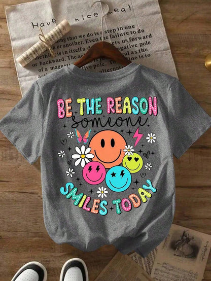 Plus Size Women Slogan & Smiling Face Print Short Sleeve Casual Round Neck T-Shirt, Summer--Round Neck Loose Breathable Short Sleeve