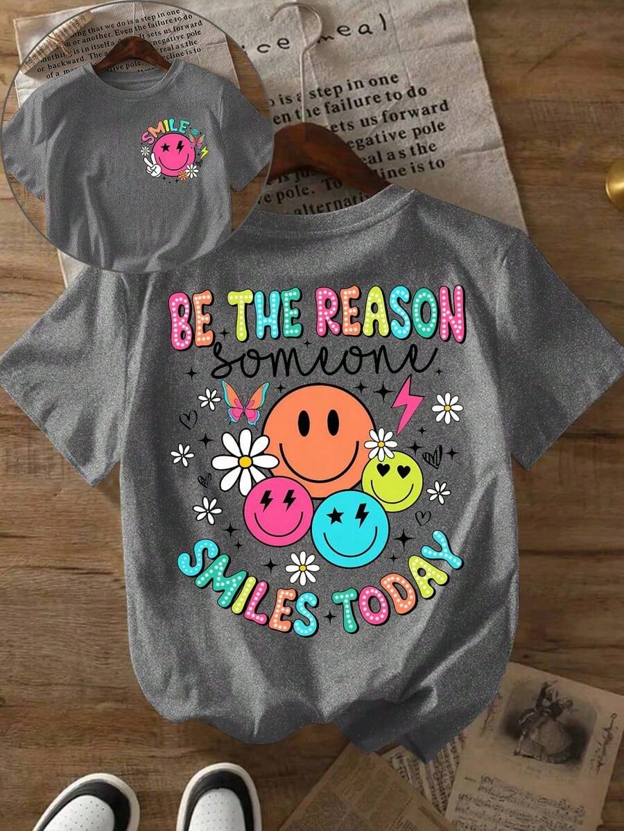 Plus Size Women Slogan & Smiling Face Print Short Sleeve Casual Round Neck T-Shirt, Summer--Round Neck Loose Breathable Short Sleeve